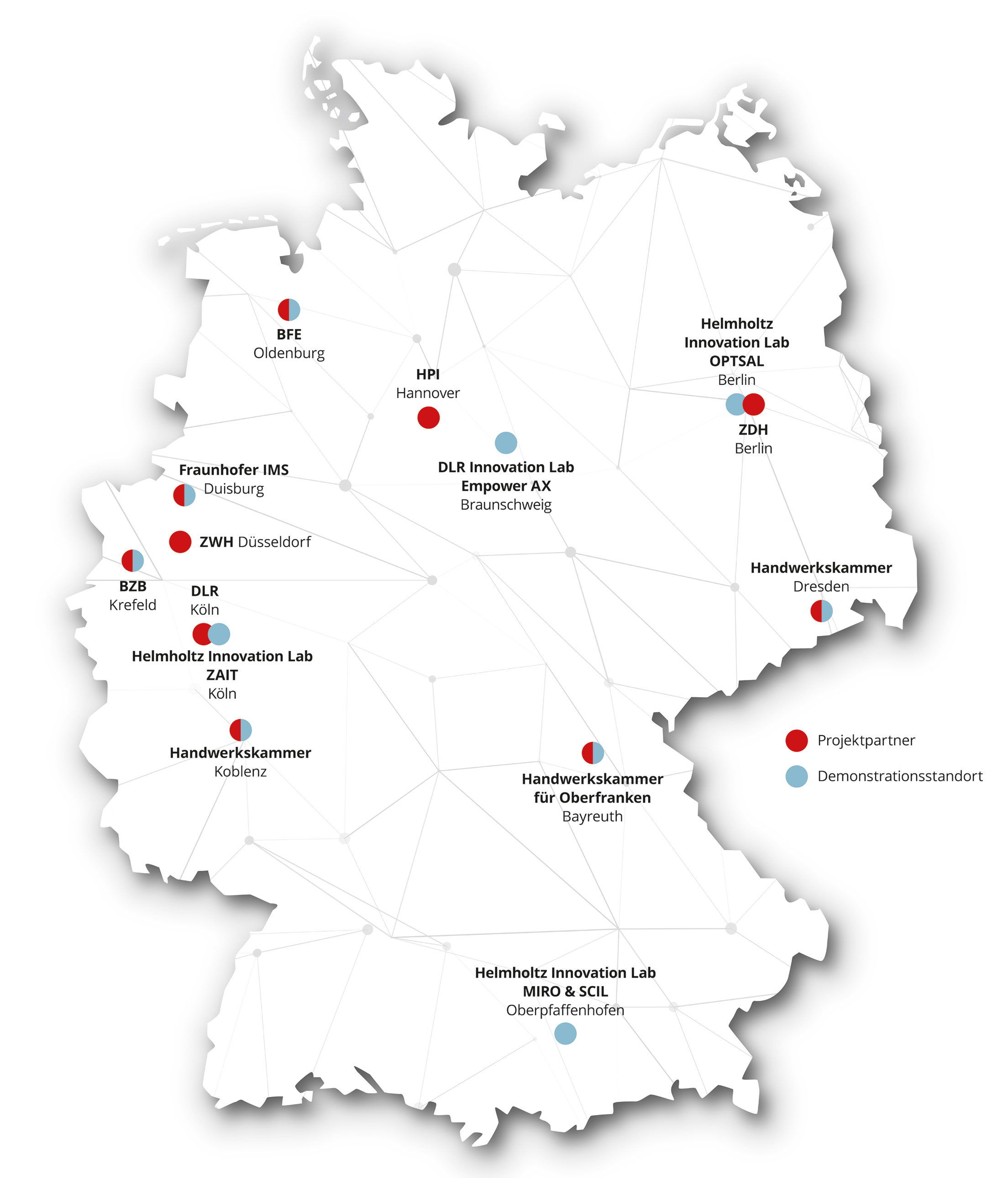 Deutschlandkarte mit den Partnern des Mittelstand-Digital Zentrums Handwerk
