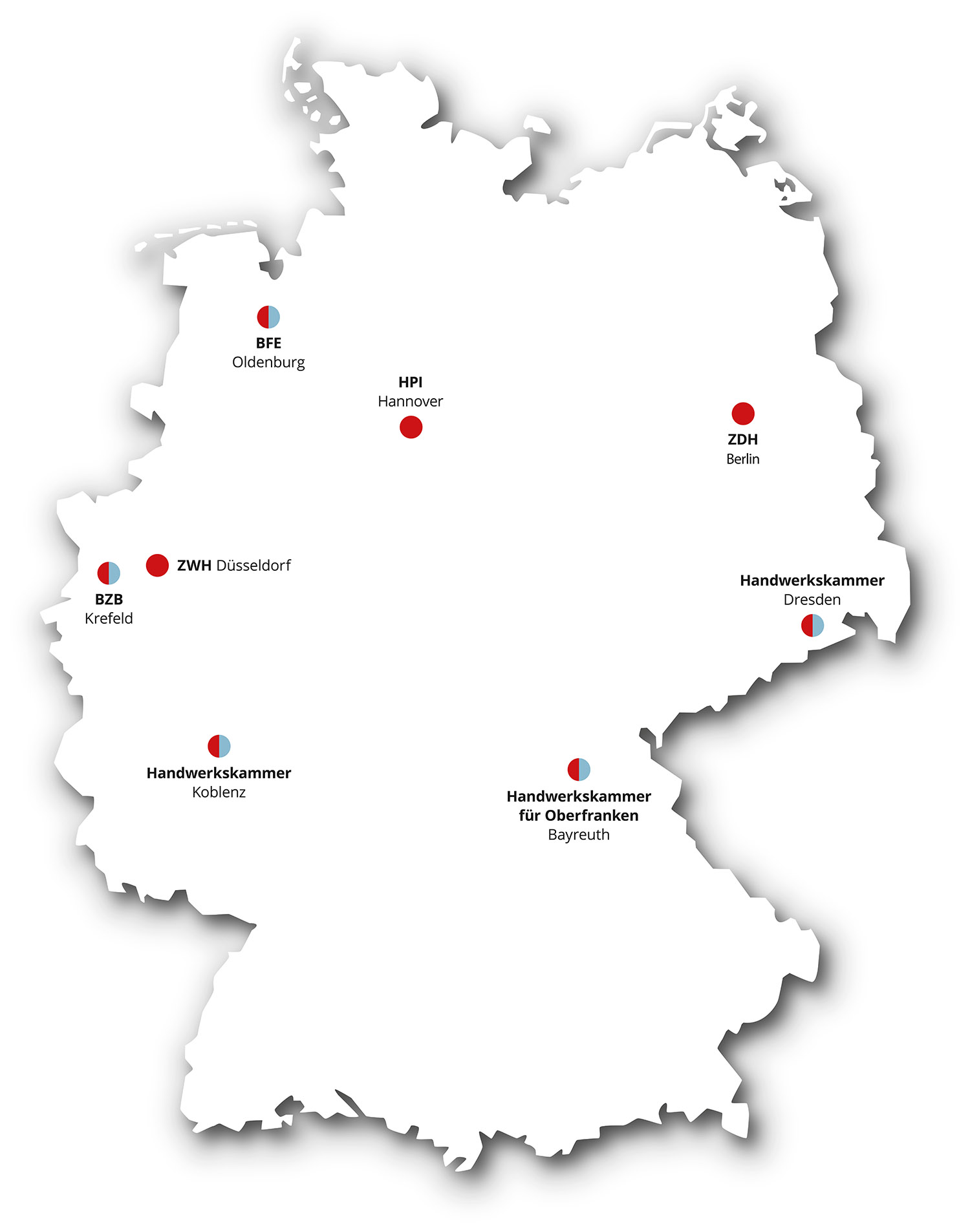 Karte von Deutschland mit den Standorten verschiedener Handwerkskammern und Institutionen, darunter Berlin, Dresden, Bayreuth, Koblenz, Krefeld, Düsseldorf, Oldenburg und Hannover, markiert mit roten und blauen Punkten.